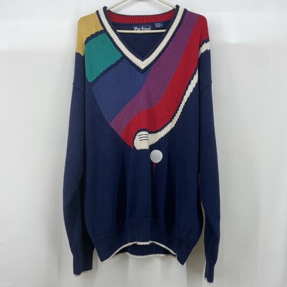 Par Four Size XL Men's Vintage 90s Golf Club Sweater Navy Blue Pullover V-Neck - Picture 1 of 5